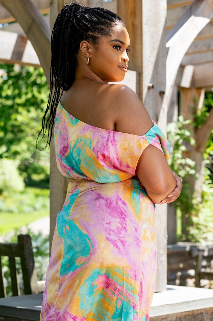 Aurora High Slit Satin Dress | Pink Multi