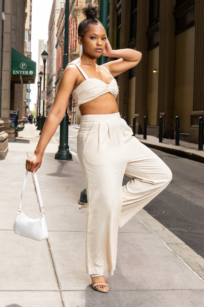 Serene Linen Blend Bralette Top And Pant Set | Neutral