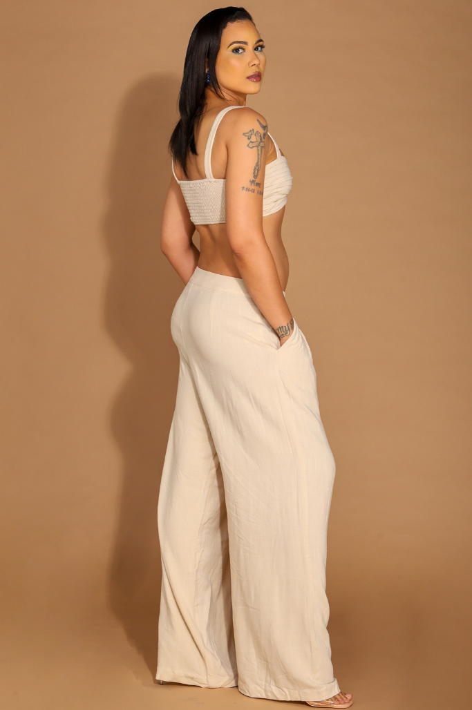 Serene Linen Blend Bralette Top And Pant Set | Neutral