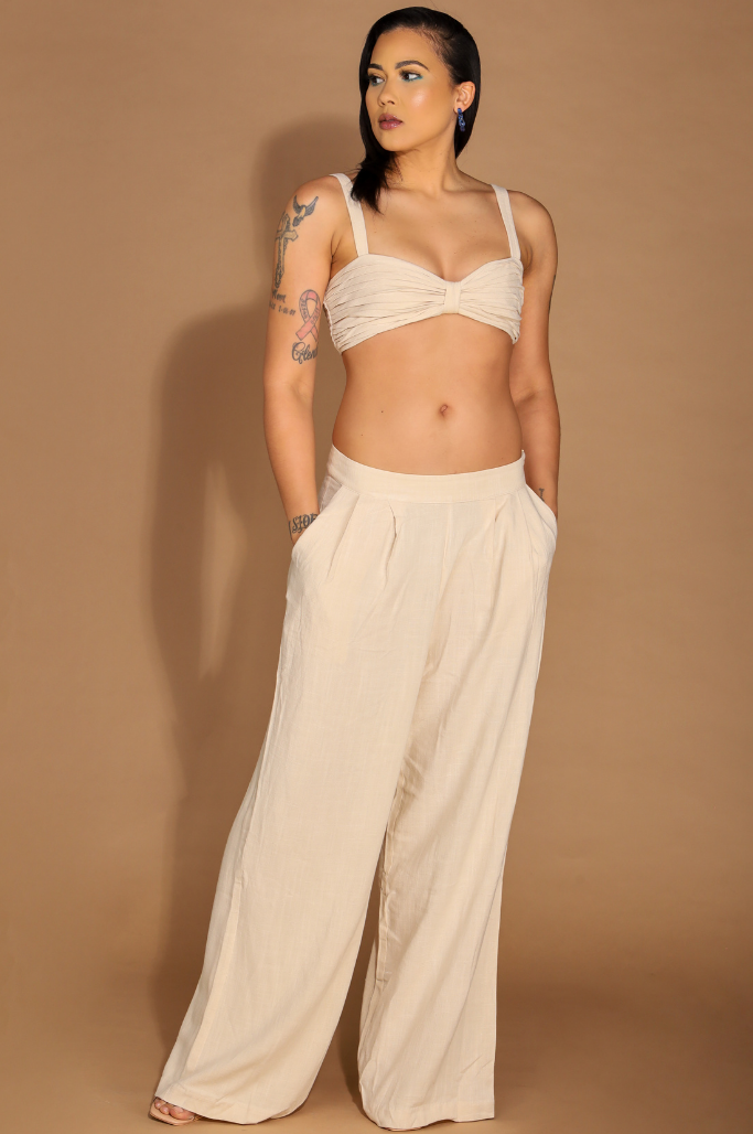 Serene Linen Blend Bralette Top And Pant Set | Neutral