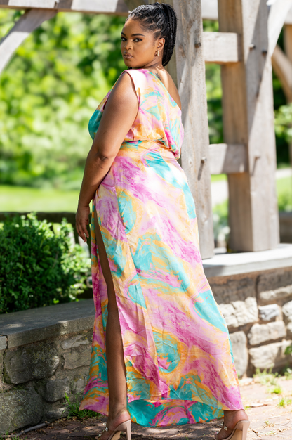 Aurora High Slit Satin Dress | Pink Multi