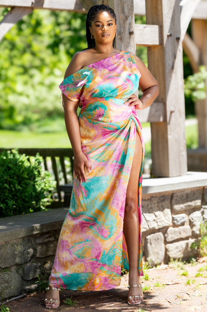 Aurora High Slit Satin Dress | Pink Multi
