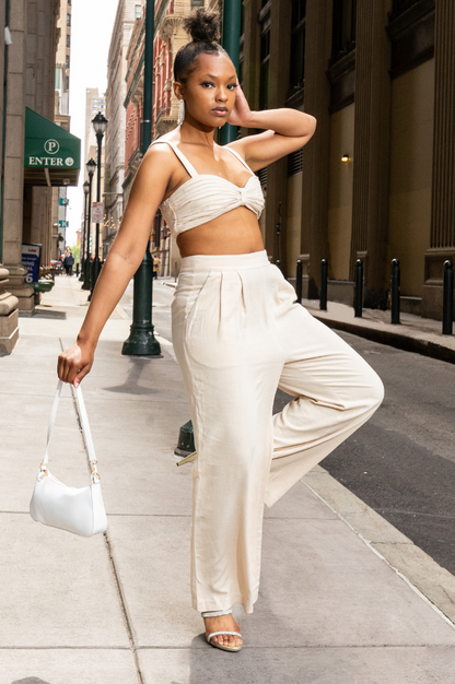 Serene Linen Blend Bralette Top And Pant Set | Neutral